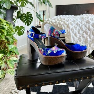 Free People Embroidered Wood Platform Pumps